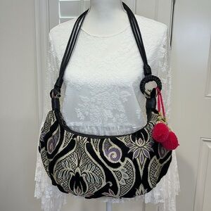 Vintage Max New York velvet/tapestry leather handle shoulder bag 17”X9”